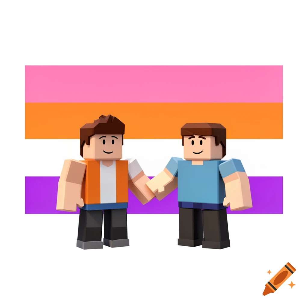 Two blocky Roblox characters holding hands in front of a lesbian pride flag.