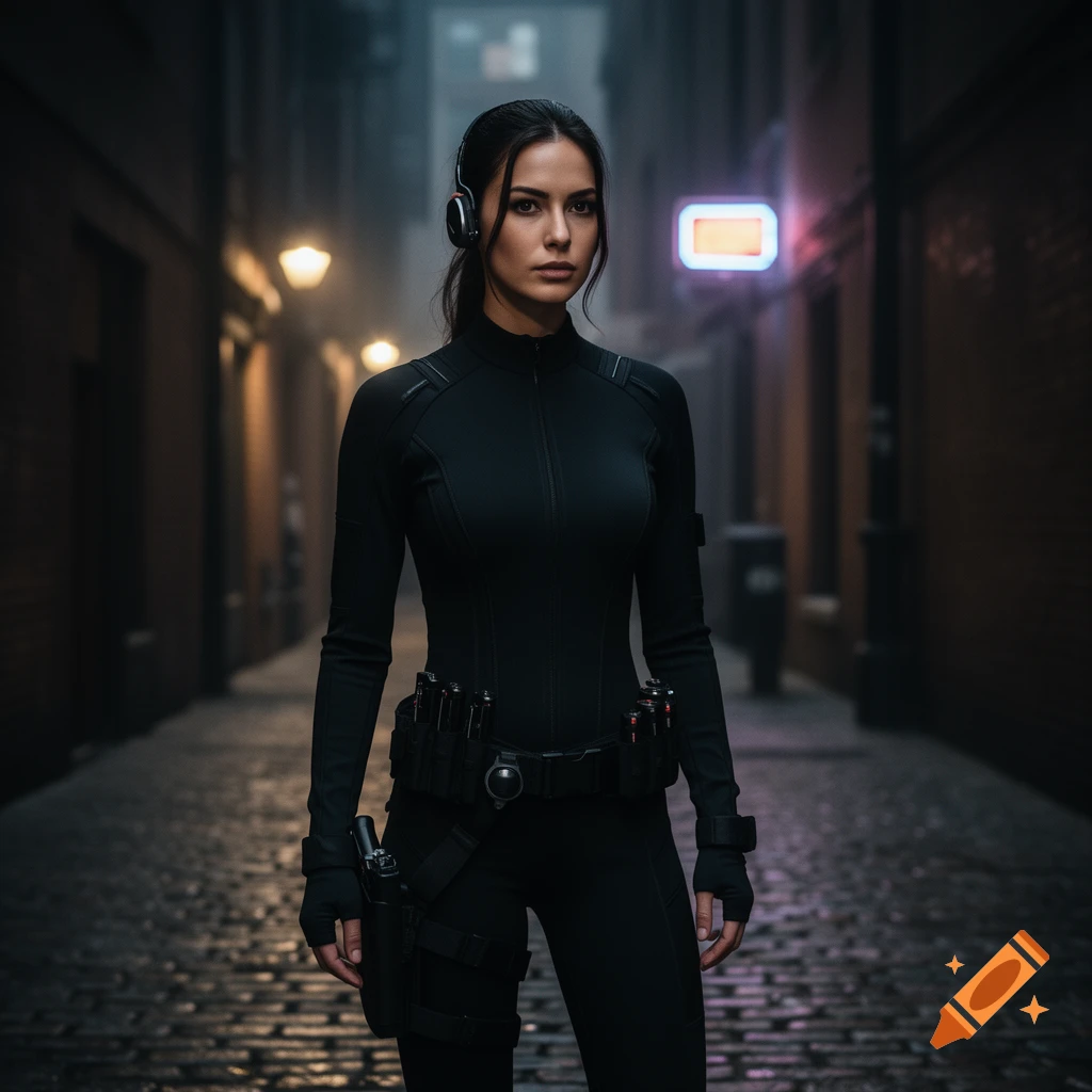 A photorealistic image of a woman in a black tactical suit and headphones standing in a dark, wet alley.