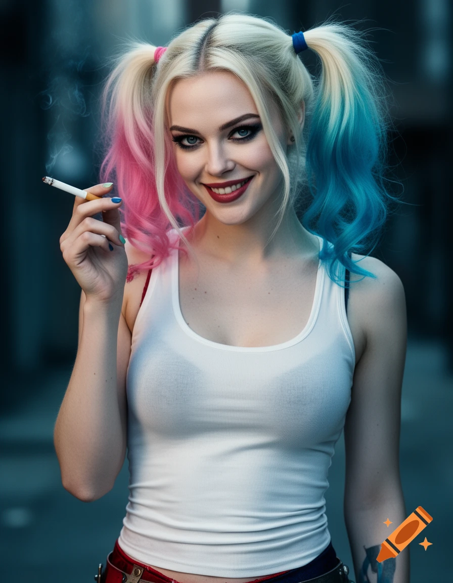 Photorealistic portrait of Margot Robbie as Harley Quinn, smiling, with pink and blue pigtails, holding a cigarette.