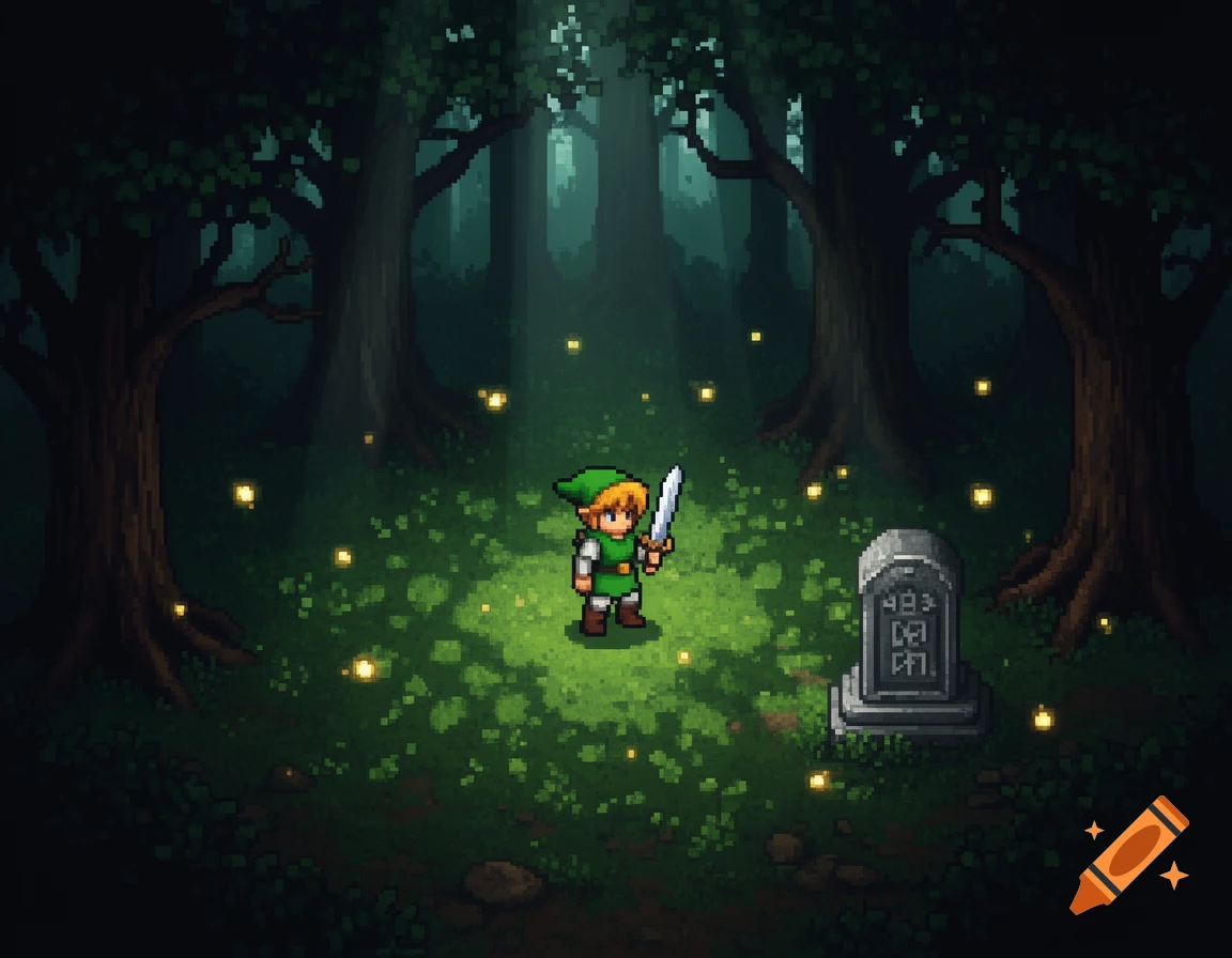 A pixel art 2D top-down view shows a Link-like character with a sword in a dark forest clearing with a tombstone.