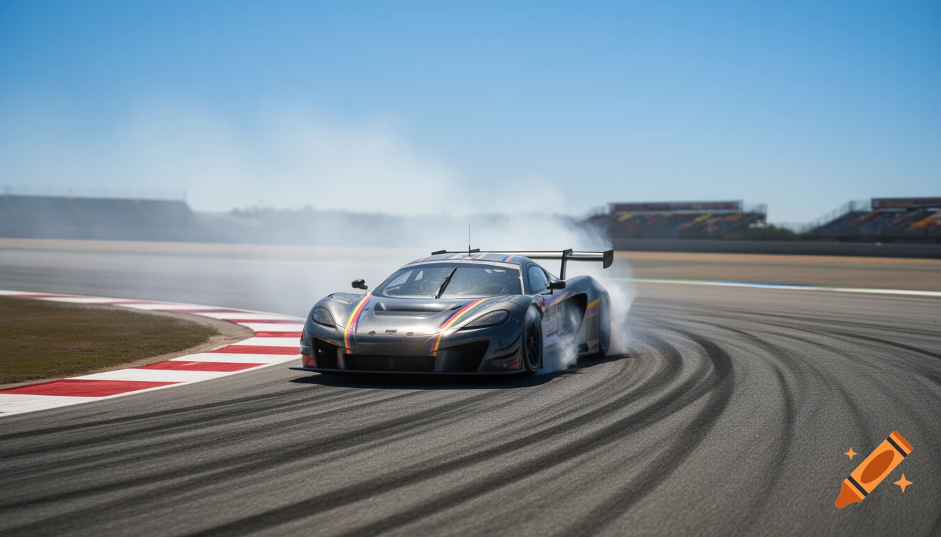 A dark gray race car with colorful stripes drifts on a sunny racetrack, leaving a trail of smoke.