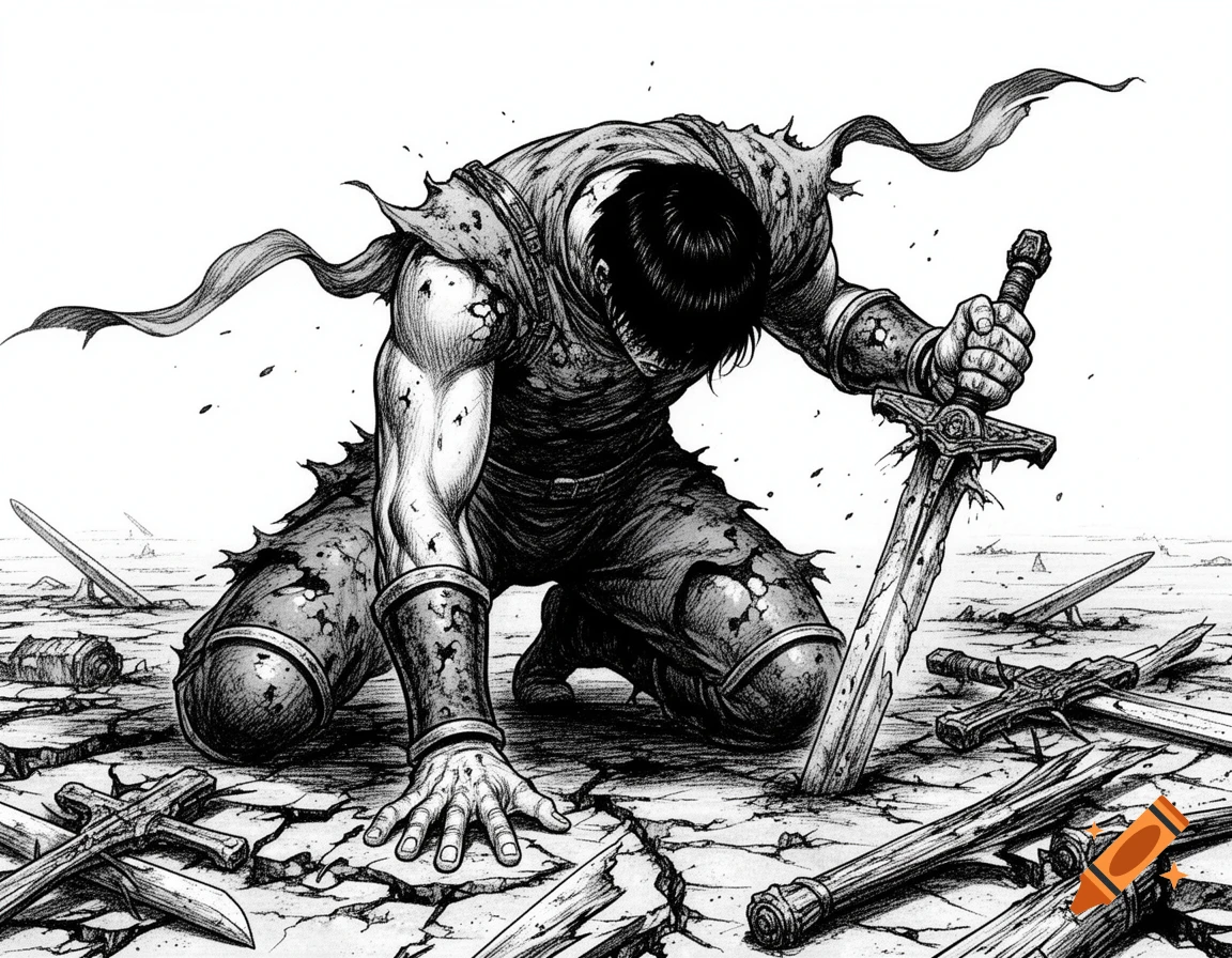 A battle-damaged warrior kneels on cracked ground amidst broken weapons, gripping a sword in a manga style.