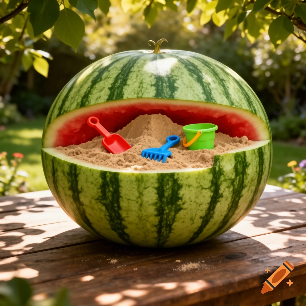 A photorealistic image of a watermelon cut open to reveal a miniature sandpit with red and blue toy shovels and a green bucket, sitting on a wooden table in a sunny garden.
