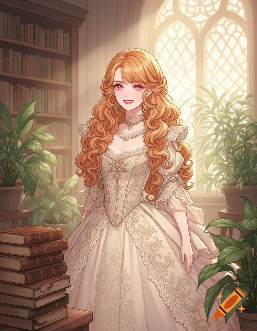 An anime woman with long curly ginger-blonde hair and pink eyes wears an elegant white lace dress, standing in a library.