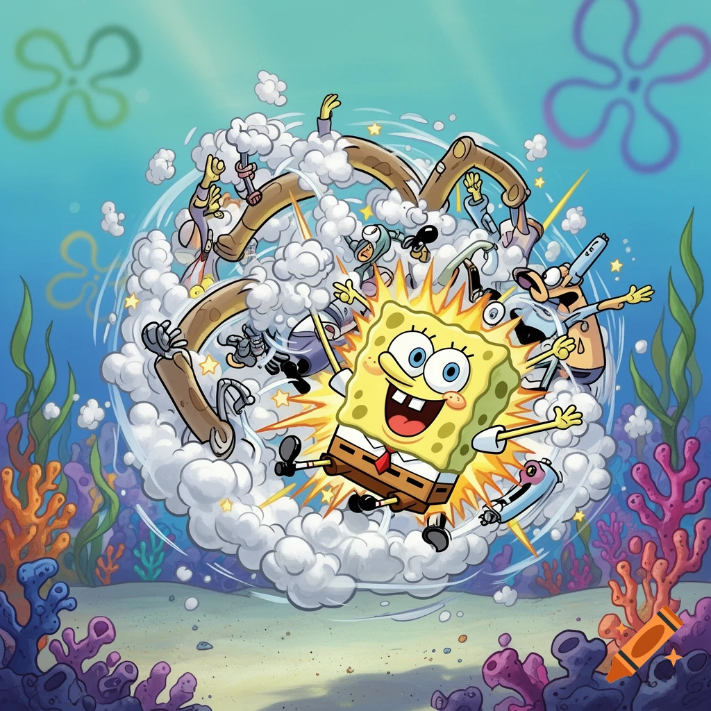 SpongeBob SquarePants happily in the center of a cartoon fight cloud with other characters underwater.