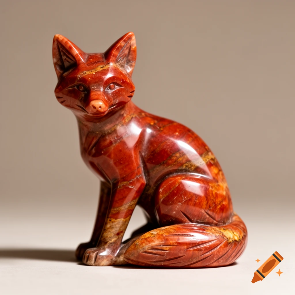 A sitting red jasper fox statue with intricate carvings and natural stone patterns.