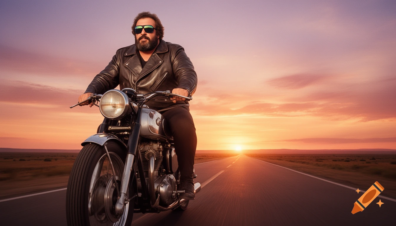 A bearded man in a leather jacket and sunglasses rides a motorcycle down an open road at sunset.