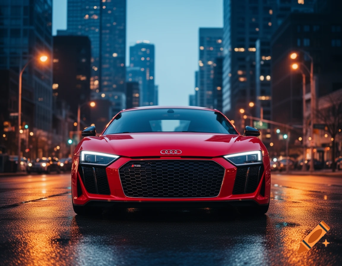 A striking red Audi R8 sports car parked on a wet city street at dusk, with blurred city lights and skyscrapers in the background.