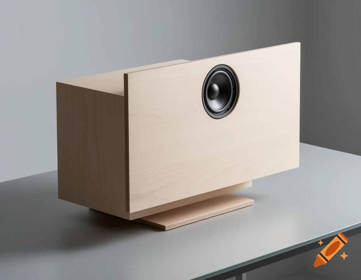 A minimalist desktop speaker made of light beech wood with a single speaker driver, sitting on a gray desk.