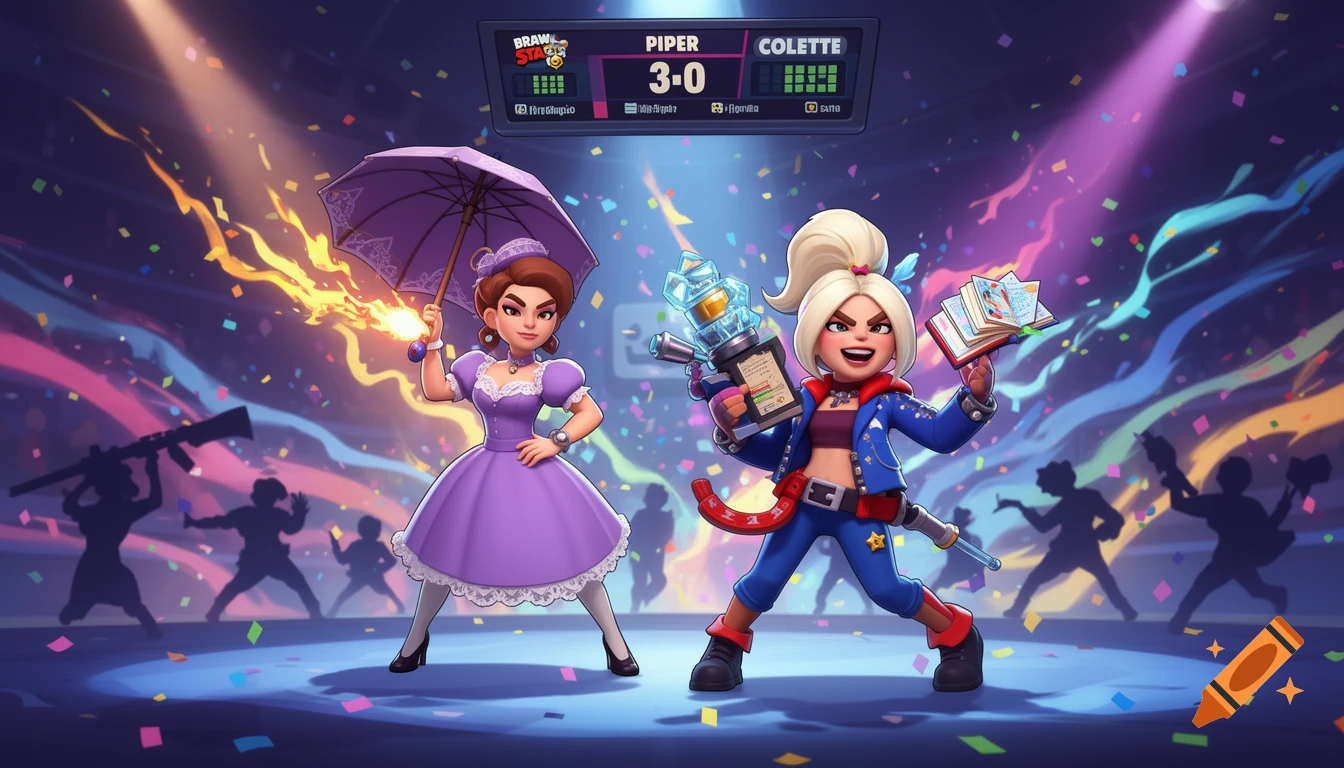 Stylized cartoon image of two female Brawl Stars characters, Piper in purple with an umbrella and fire, and Colette with a trophy and a book, celebrating amidst confetti and spotlights, with a scoreboard showing "Brawl Stars Piper 3-0 Colette" above them.