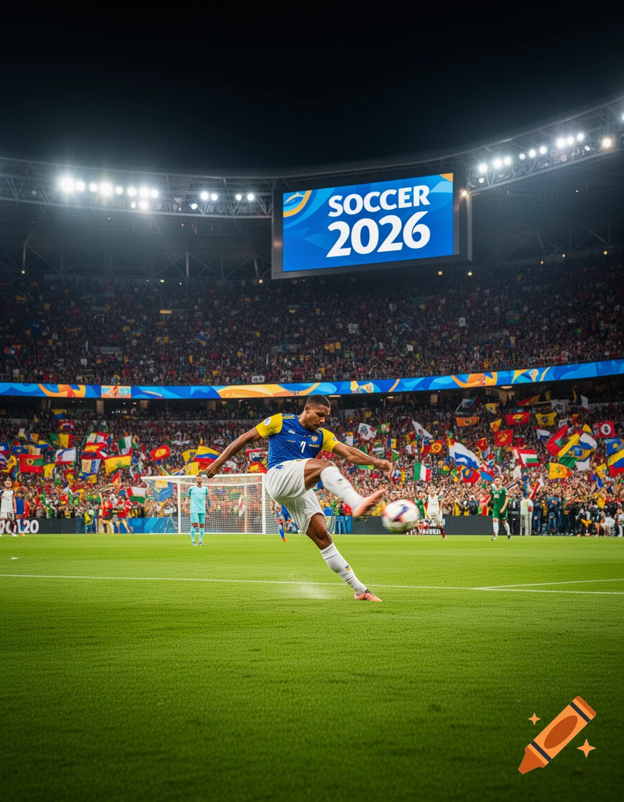 A soccer player in a blue and yellow jersey kicks a ball on a green field in a packed stadium at night, with 'SOCCER 2026' on the jumbotron.