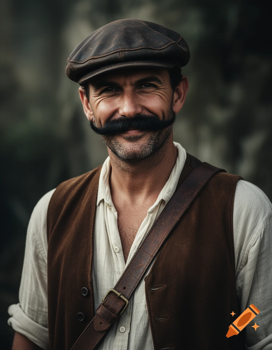 Photorealistic portrait of a man with a handlebar mustache, wearing a brown leather cap, a vest, and a leather strap across his chest, with a mischievous smirk.