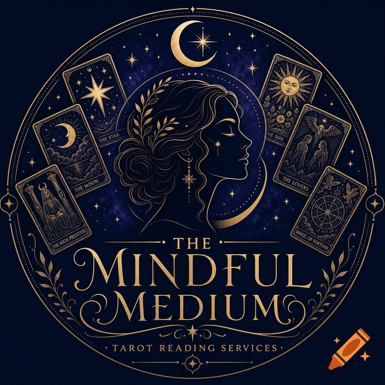 Mystical golden and blue logo with a woman's profile, crescent moon, stars, and tarot cards for 'The Mindful Medium Tarot Reading Services'.