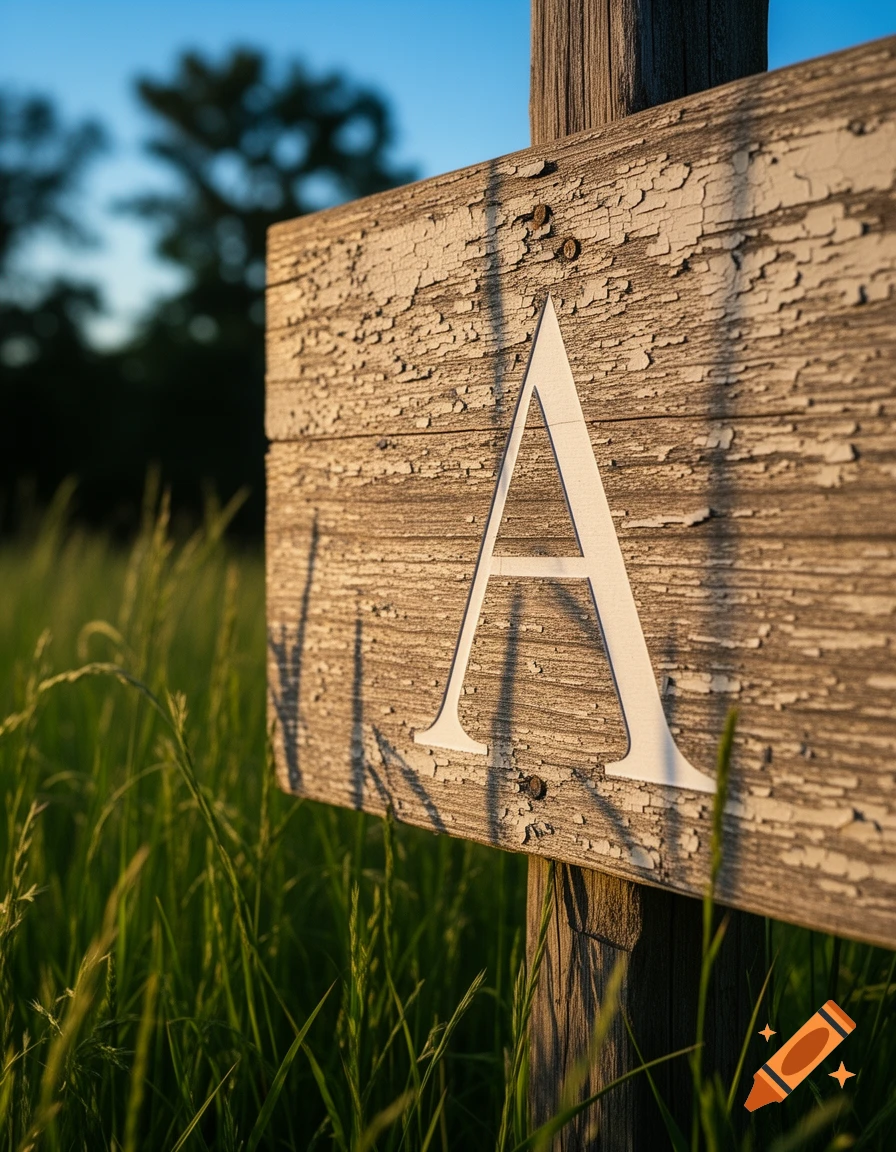 A weathered wooden sign with a white letter A painted on it, surrounded by green grass under a blue sky.