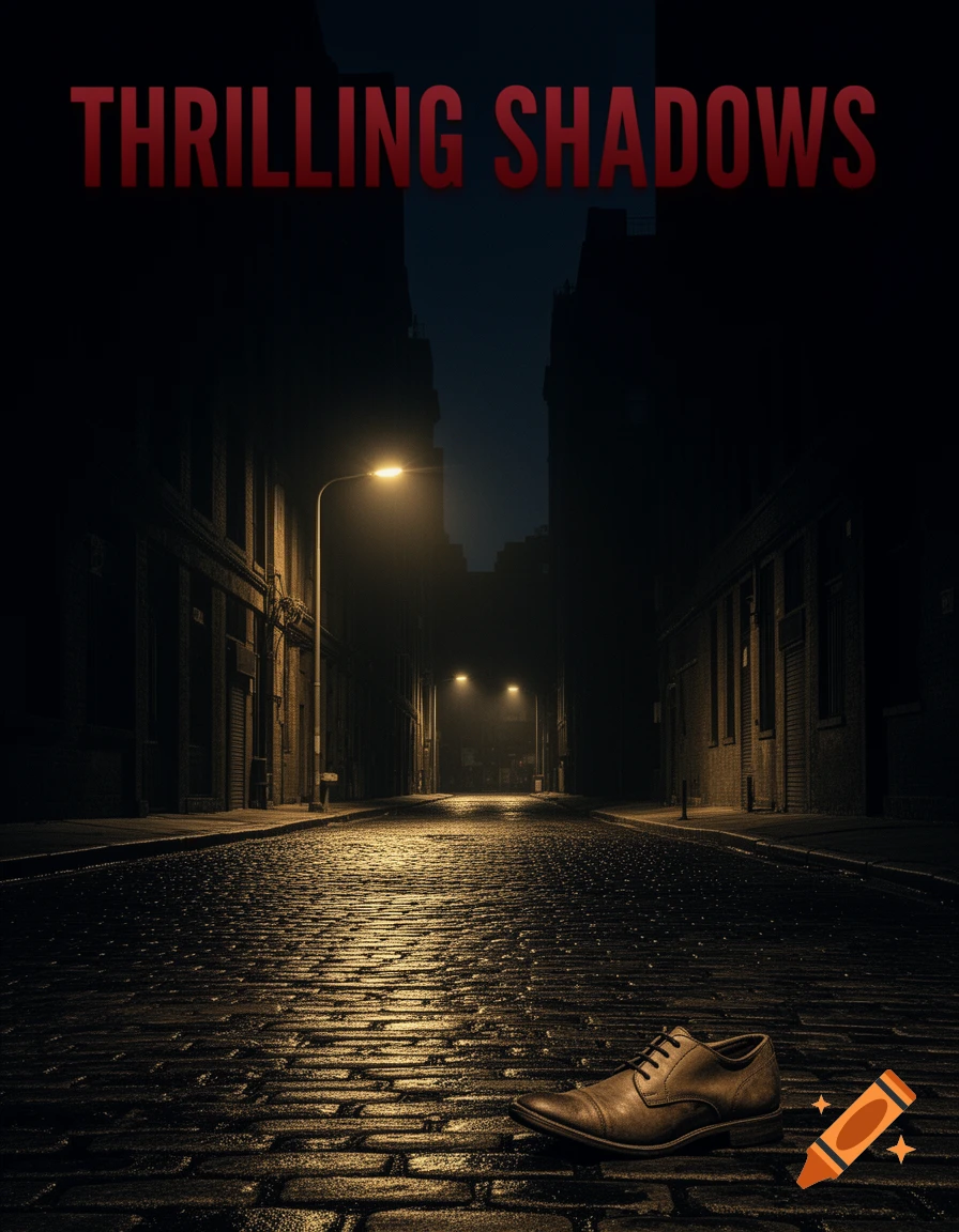 A dark book cover titled 'THRILLING SHADOWS' showing a lost brown shoe on a wet cobblestone street at night, lit by distant streetlights.