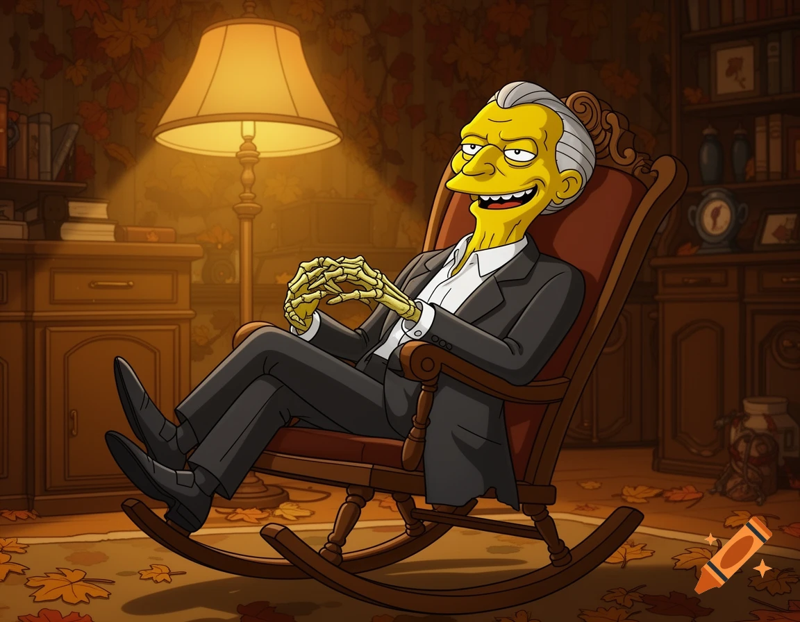 Cartoon Mr. Burns with skeletal hands grins in a rocking chair in a cozy autumn-themed room.