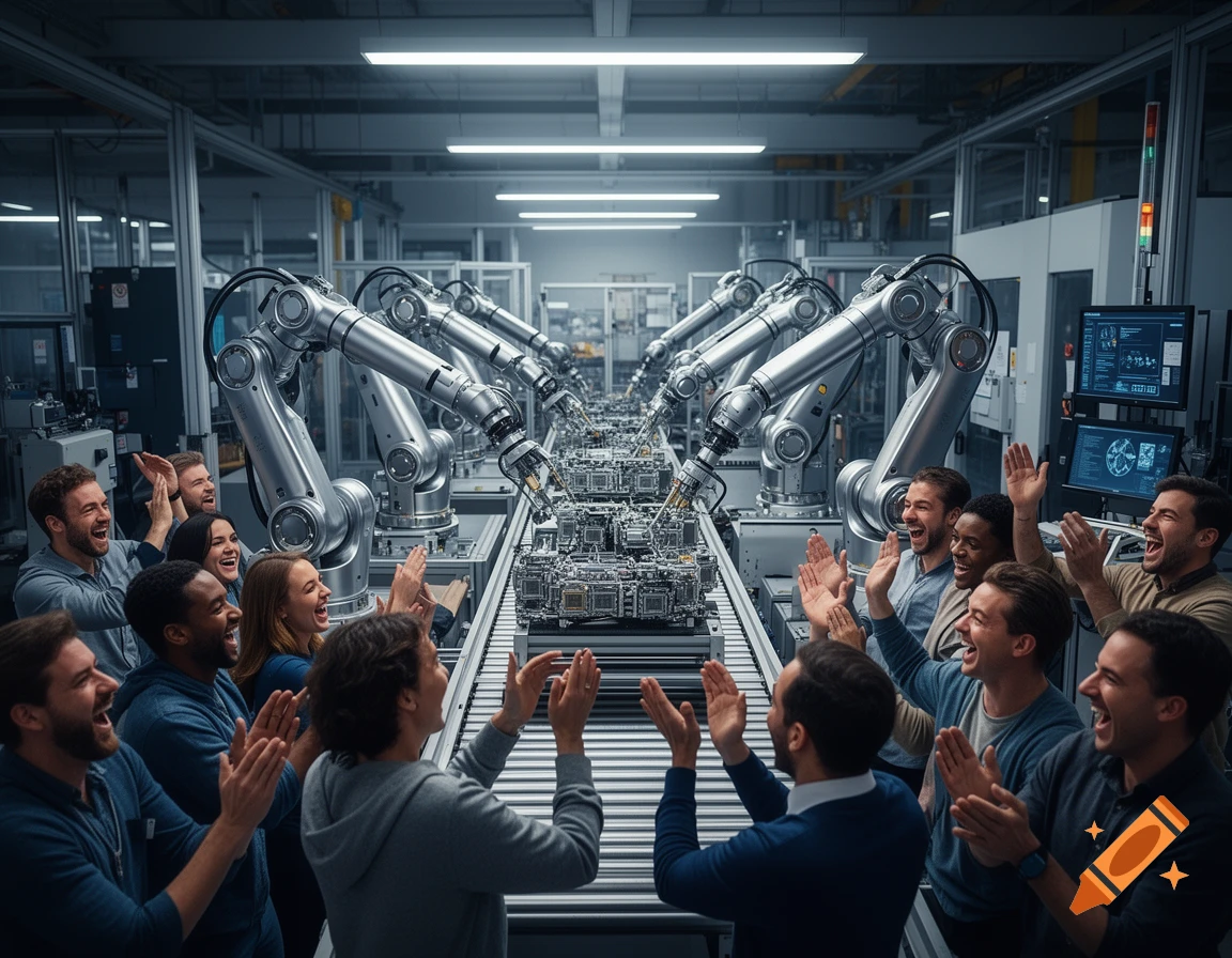 Diverse people enthusiastically clap in a high-tech factory as robotic arms assemble components on a conveyor belt, photorealistic.