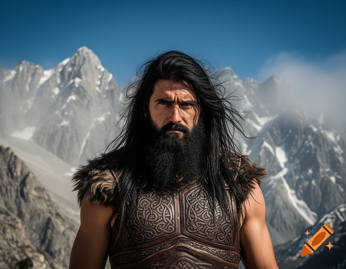 A rugged man with long black hair and a beard, wearing a fur-trimmed leather breastplate, stands before majestic snowy mountains.