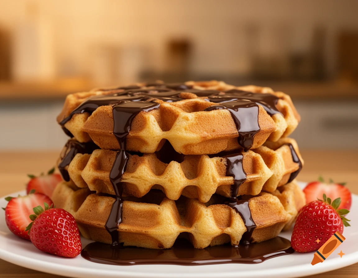 Stack of three waffles covered in chocolate sauce, with fresh strawberries on a white plate.