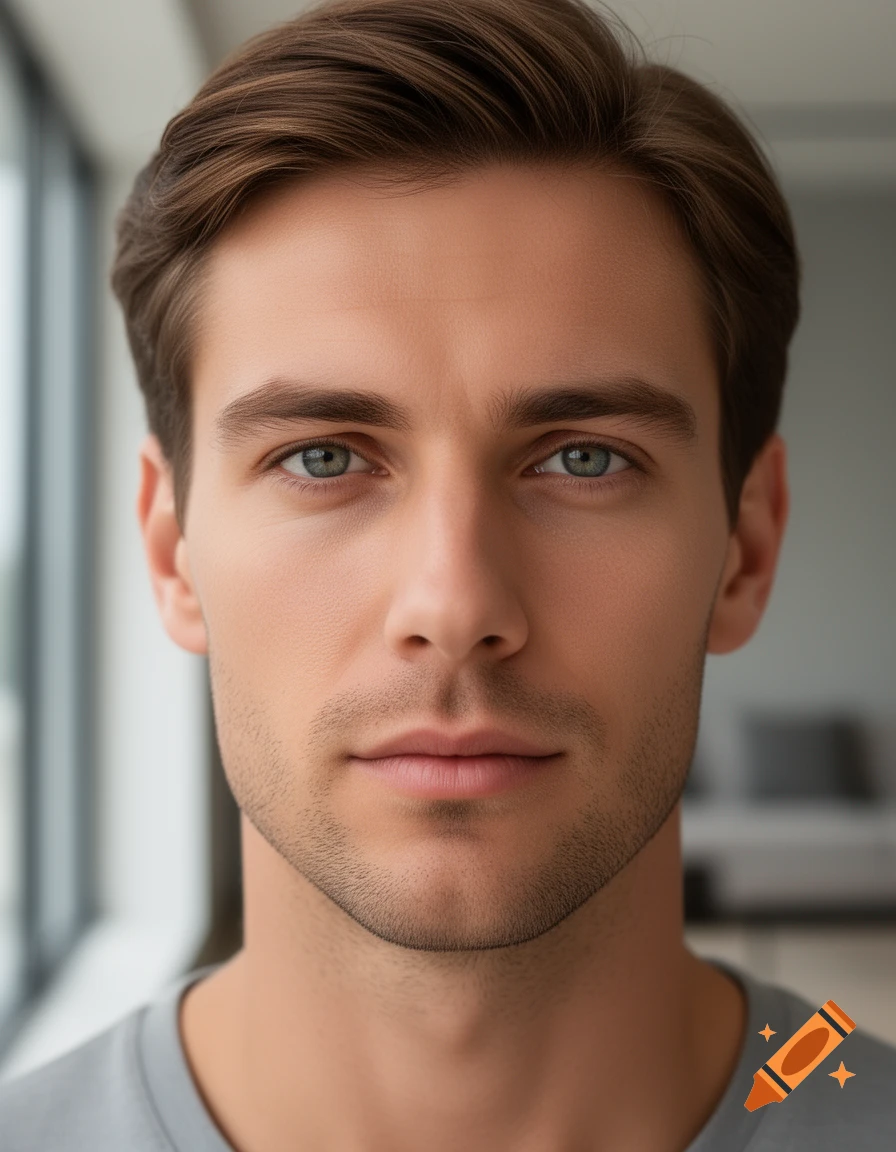 Photorealistic portrait of a young man with brown hair and blue-green eyes, looking forward.