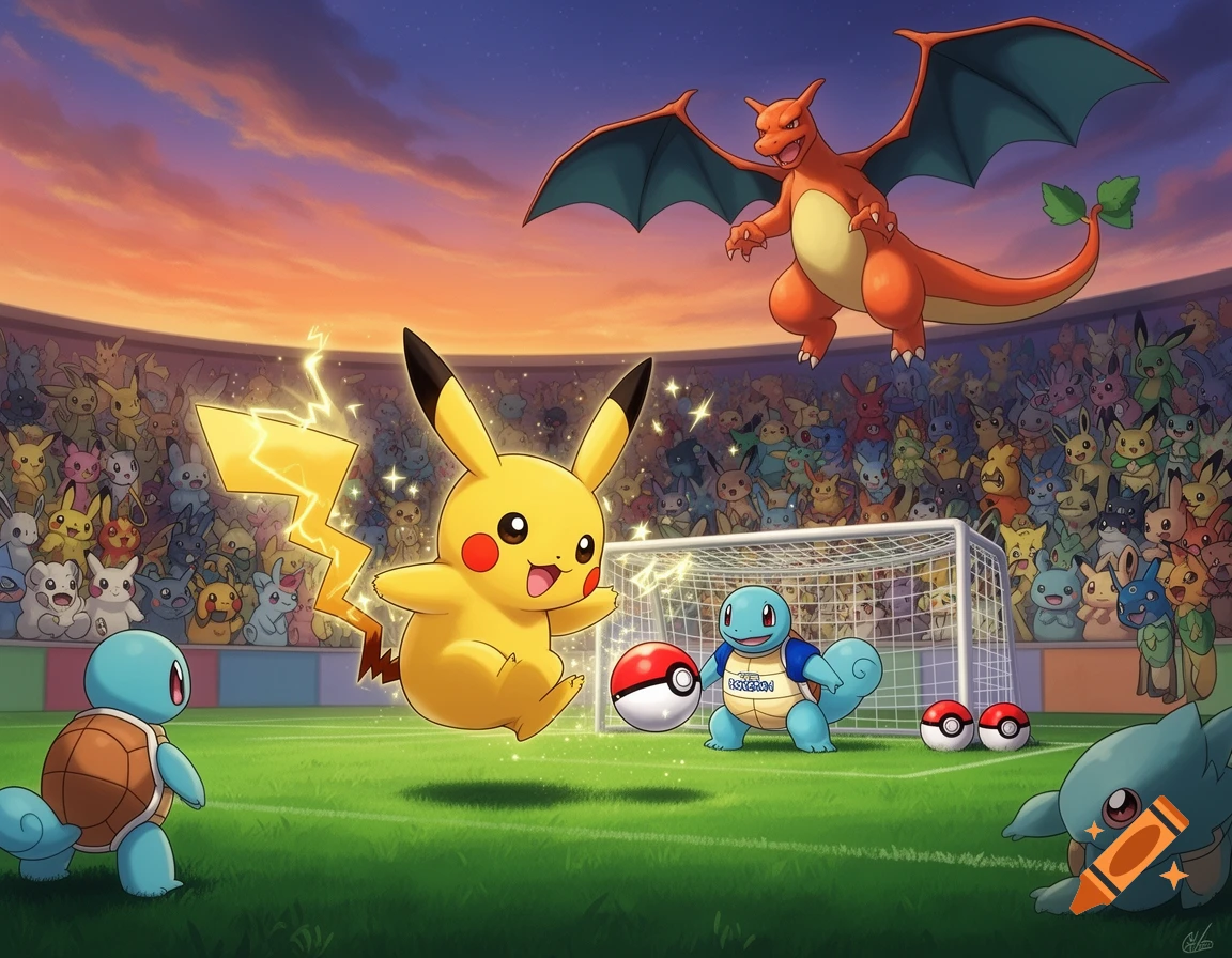 Pikachu, Squirtle, and Charizard play soccer in a stadium filled with other Pokémon under a vibrant sunset.