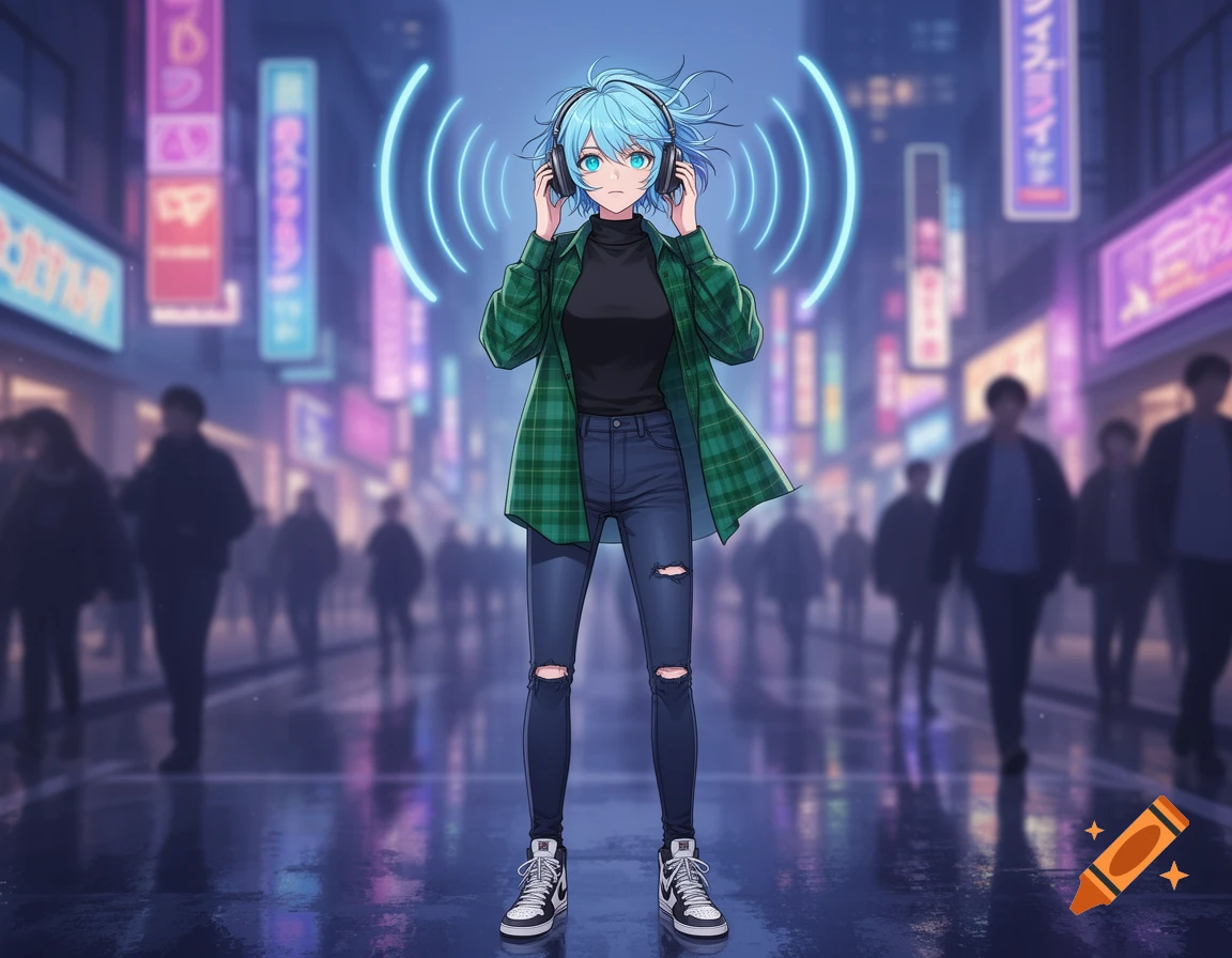 An anime girl with blue hair and headphones stands on a rainy city street at night, surrounded by blurred people and neon signs.