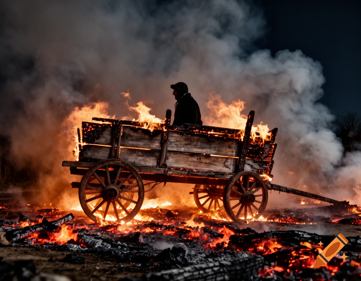 A person sits in a burning old wooden cart amidst flames and smoke, with glowing embers on the ground.