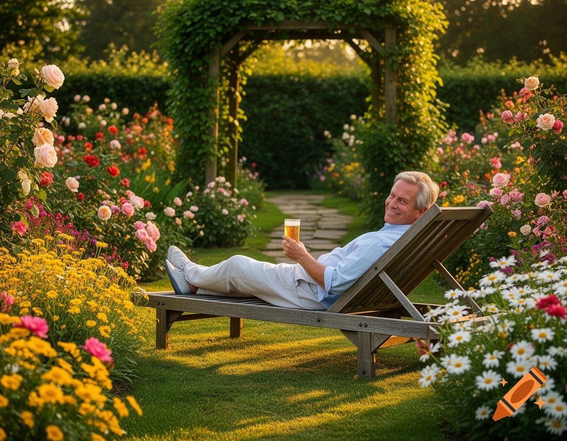 A smiling older man reclines on a lounge chair in a vibrant, sunlit flower garden, holding a glass of beer.