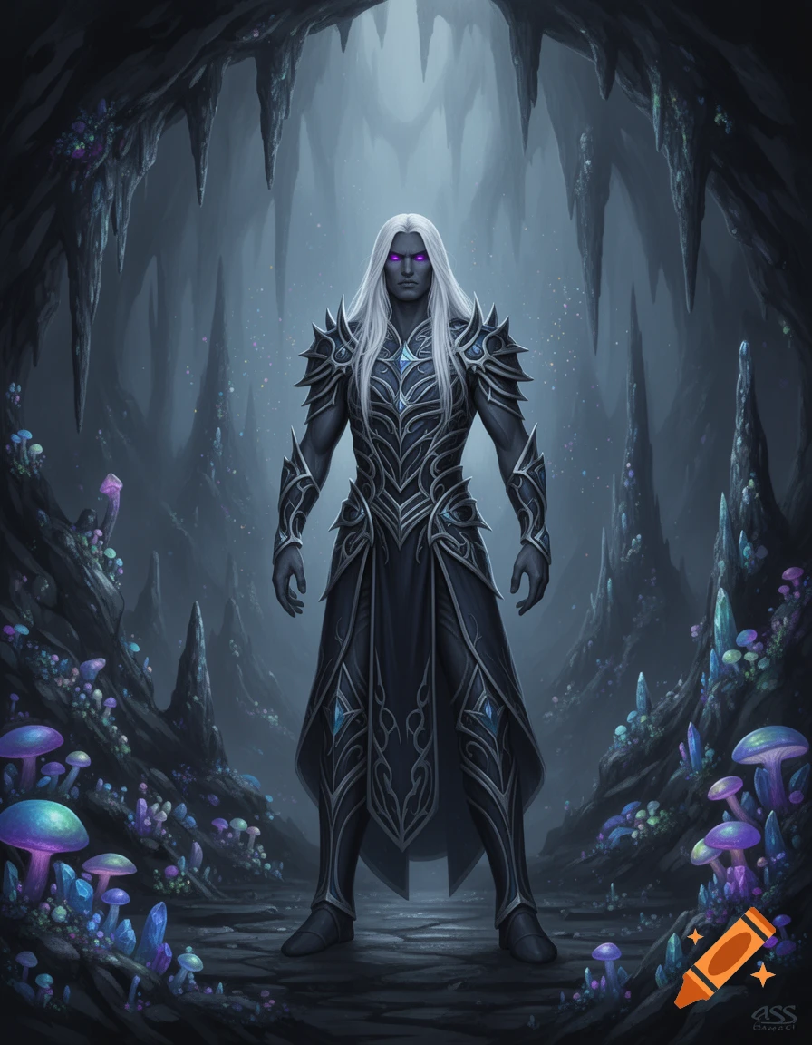 A dark-skinned male drow with white hair and glowing purple eyes stands in elaborate dark armor in a mystical cave filled with glowing blue and purple mushrooms and crystals.