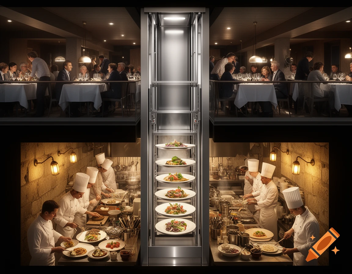 A luxurious restaurant dining room upstairs and a busy kitchen downstairs, connected by a food elevator transporting prepared dishes.