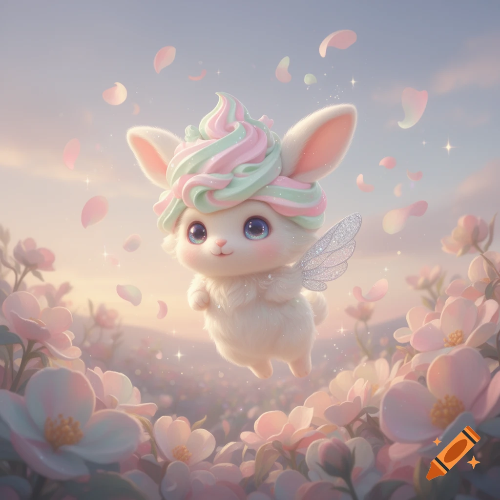 A cute, fluffy white bunny-like creature with pink and mint frosting hair and glittery wings floats among soft pink flowers.