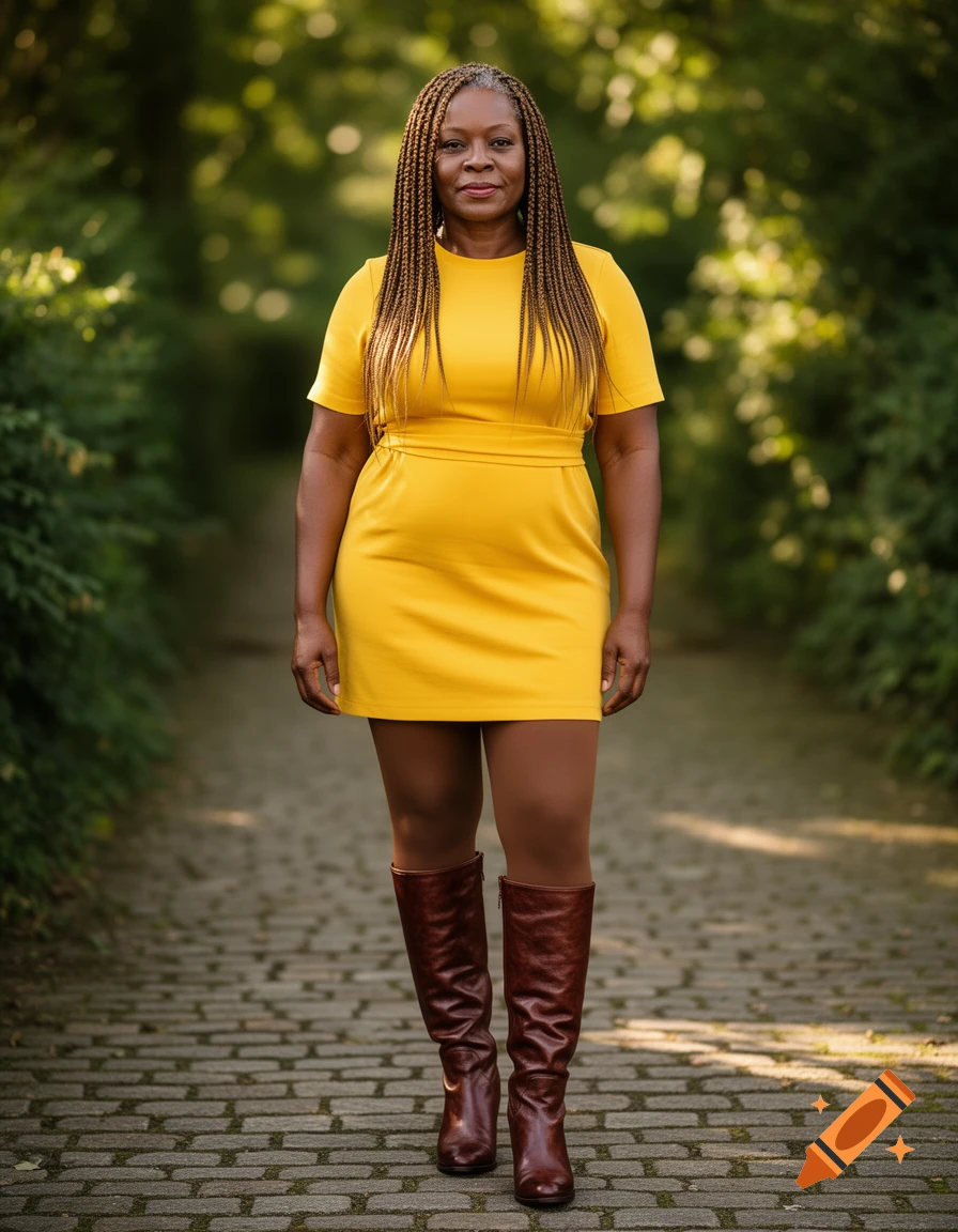 A mature African woman with braided hair stands on a stone path, wearing a yellow mini dress, brown tights, and brown knee-high boots, with green foliage in the background.