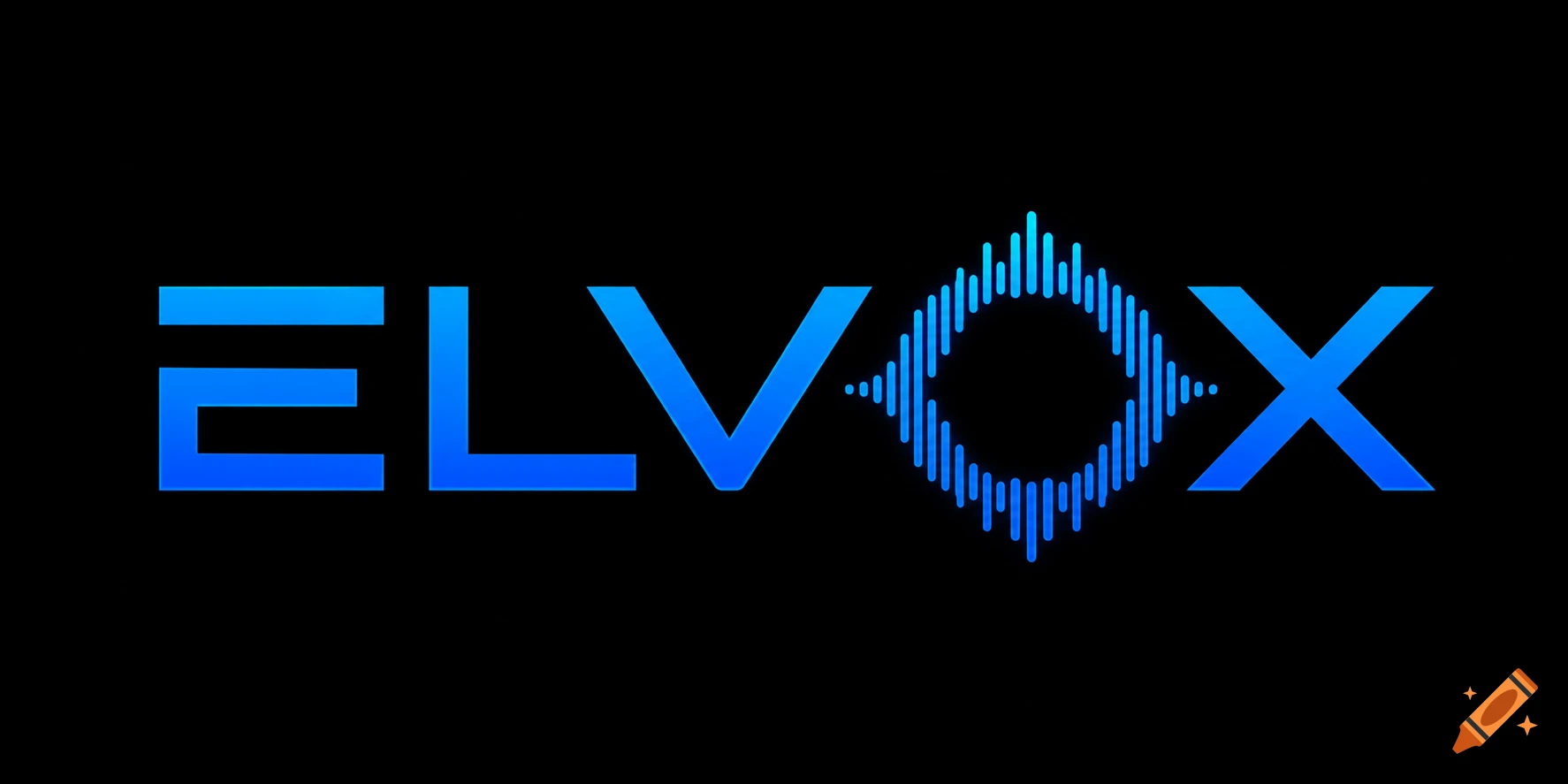 Minimalist electric blue ELVOX logo on a black background, with the letter O stylized as a soundwave circle.