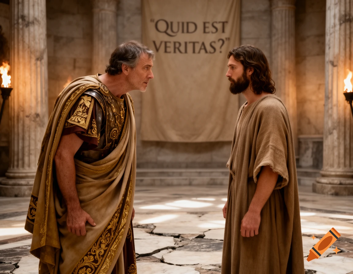 Photorealistic depiction of Pontius Pilate facing Jesus in a Roman hall, with a banner asking 'What is truth?'
