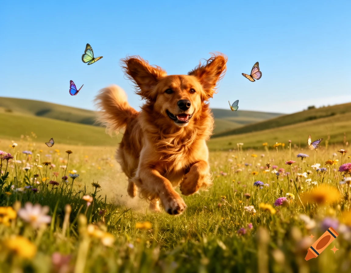 A golden retriever runs through a sunny wildflower meadow with butterflies, photorealistic.