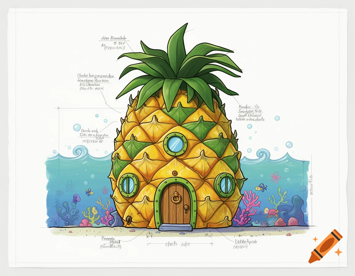 Colorful blueprint drawing of Spongebob Squarepants' pineapple house underwater with coral and fish.