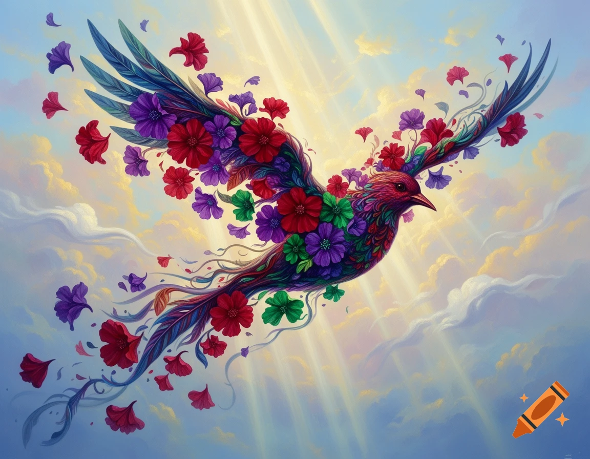An abstract bird with wings and body made of colorful red, purple, and green flowers flies through a sunny, cloudy sky.