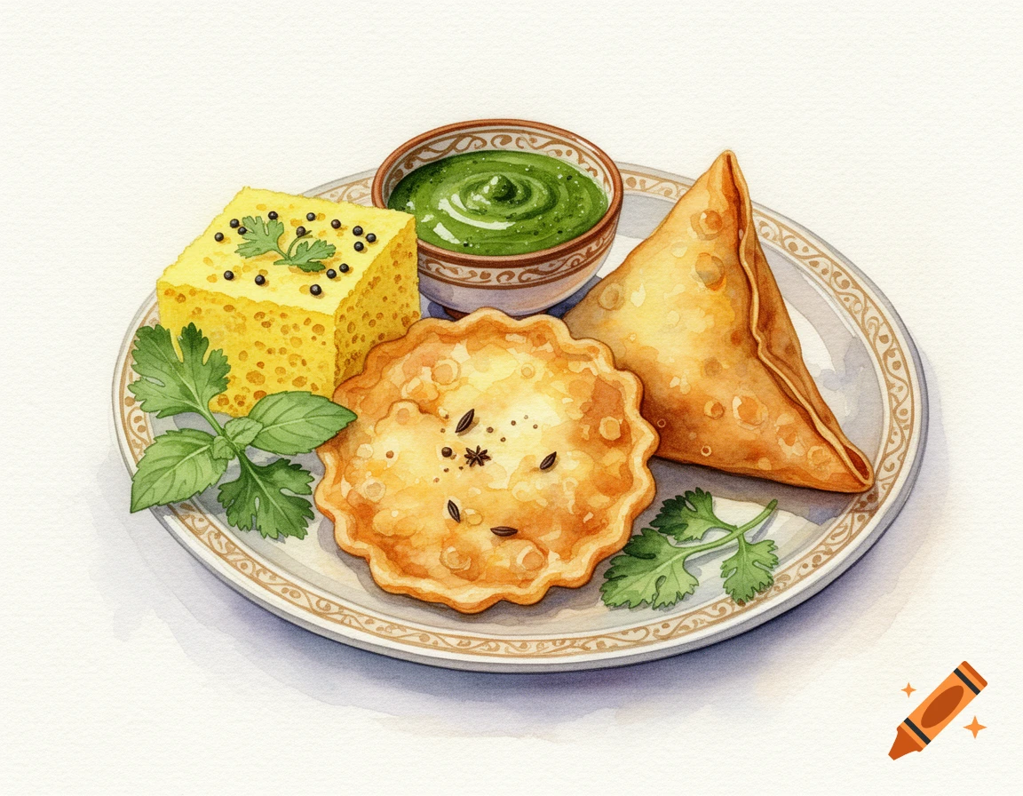 Watercolor painting of an Indian snack platter with dhokla, samosa, mathri, and green chutney on a white plate.