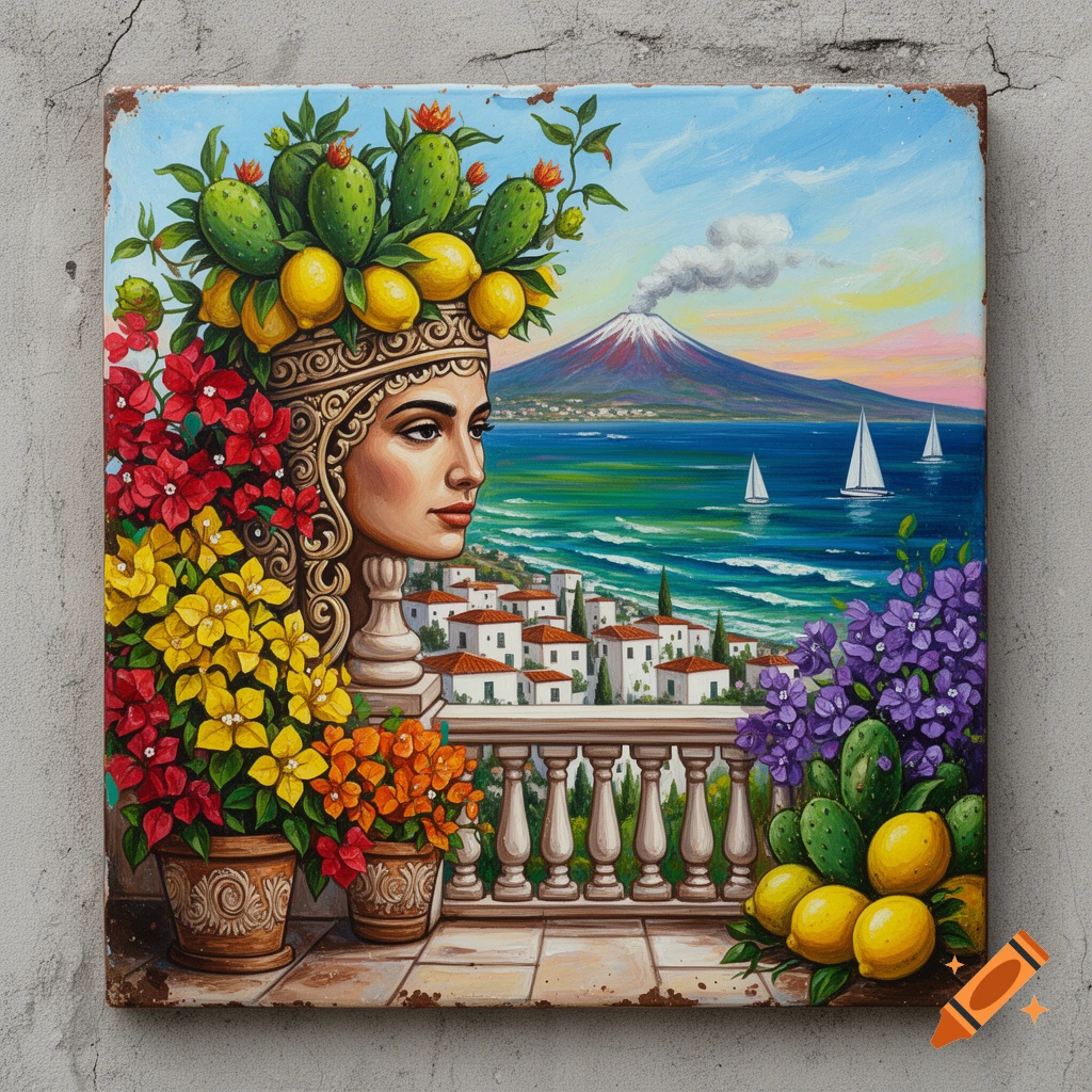 Vibrant decorative painting of a woman's head crowned with lemons and cacti, surrounded by colorful flowers, overlooking a Mediterranean coastal landscape with white houses, a smoking volcano, and sailboats on the sea.
