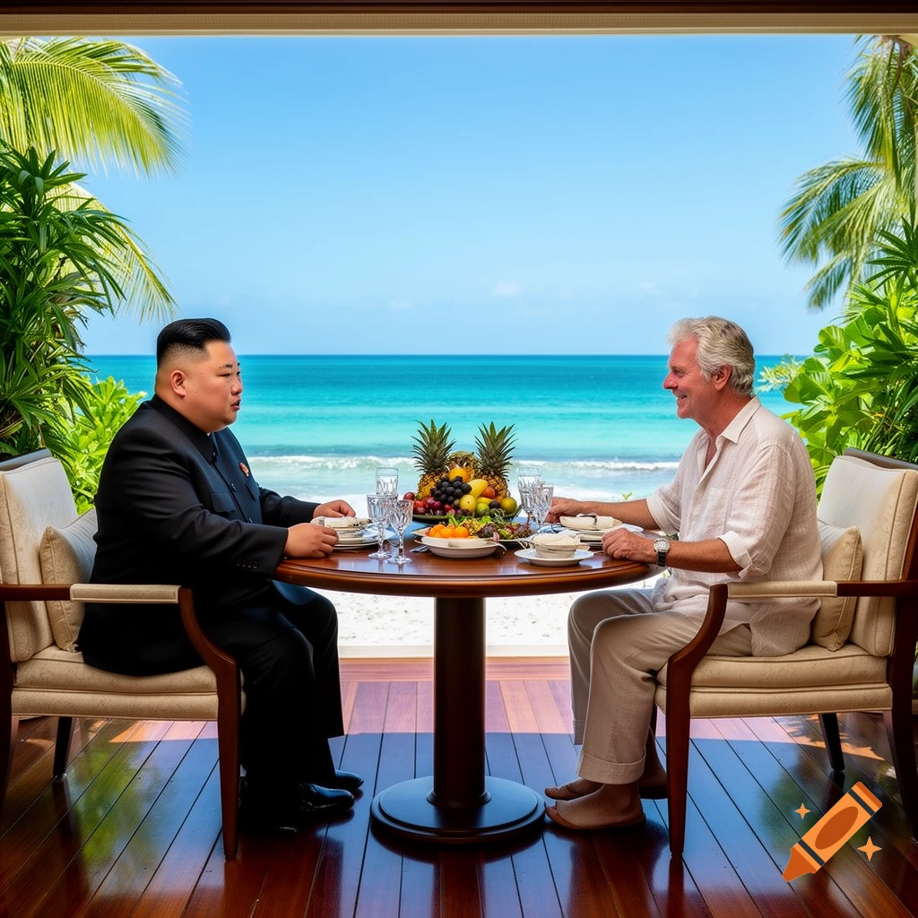 Kim Jong Un and another man resembling Jeffrey Epstein dine at a table overlooking a tropical beach with clear blue ocean.