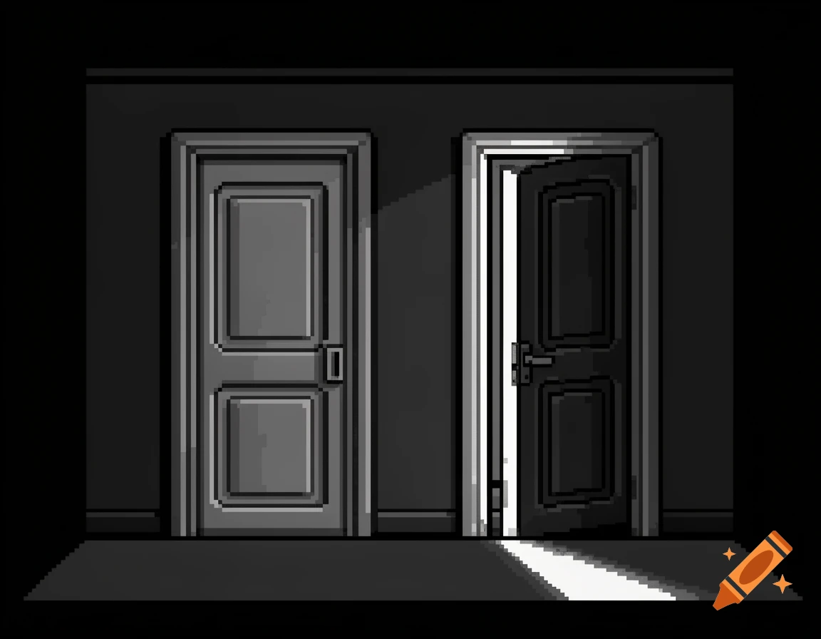Two pixel art doors in monochrome, one closed and one ajar with a strip of light on the floor.