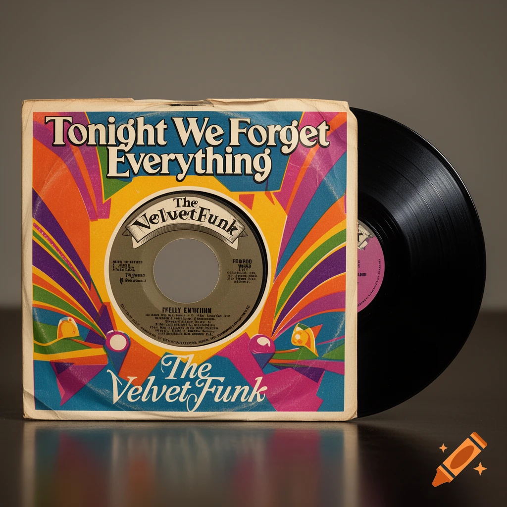 A photorealistic vinyl record and its colorful sleeve titled 'Tonight We Forget Everything' by 'The VelvetFunk'.