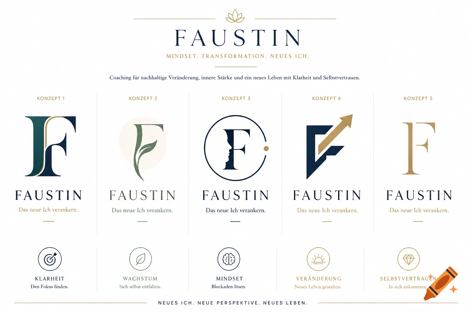 Professional branding presentation board with five logo concepts for 'FAUSTIN' coaching, featuring elegant typography and thematic icons.