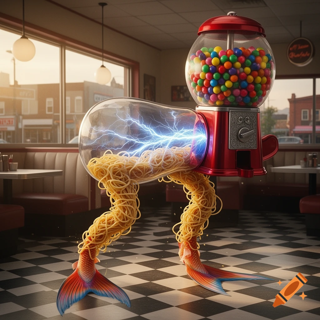 A surreal creature with a gumball machine head, spaghetti legs, glowing electrical abdomen, and fish tails for feet stands in a retro diner.