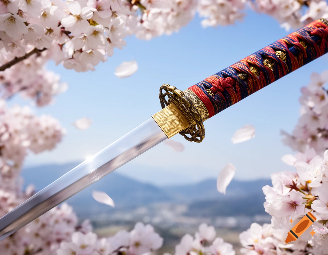 A detailed Japanese katana with a colorful hilt and shining blade, set against a backdrop of soft pink cherry blossoms and a blue sky.