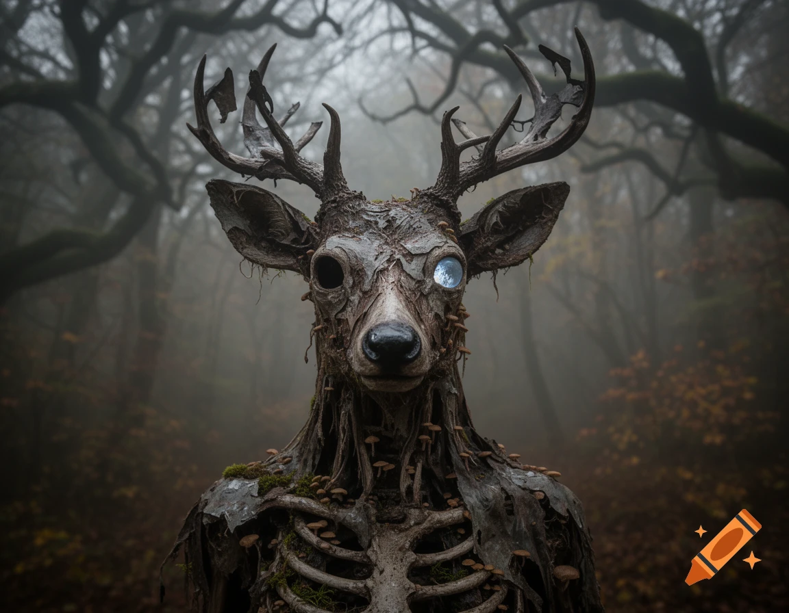 A decaying, skeletal deer effigy with a glowing eye stands in a foggy, dark forest, covered in moss and fungi.