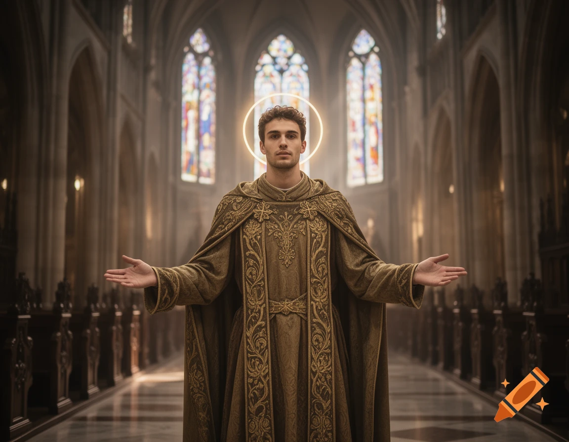A man with a halo, wearing ornate religious robes, stands with open arms in a grand church with stained glass windows.