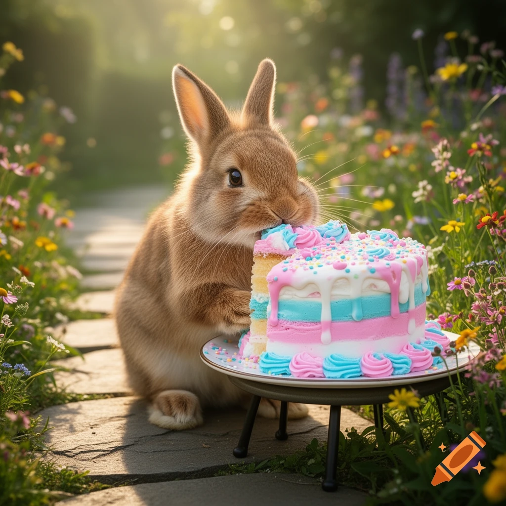 A cute brown rabbit eats a slice of a pink, blue, and white birthday cake in a sunlit garden with wildflowers, photorealistic.