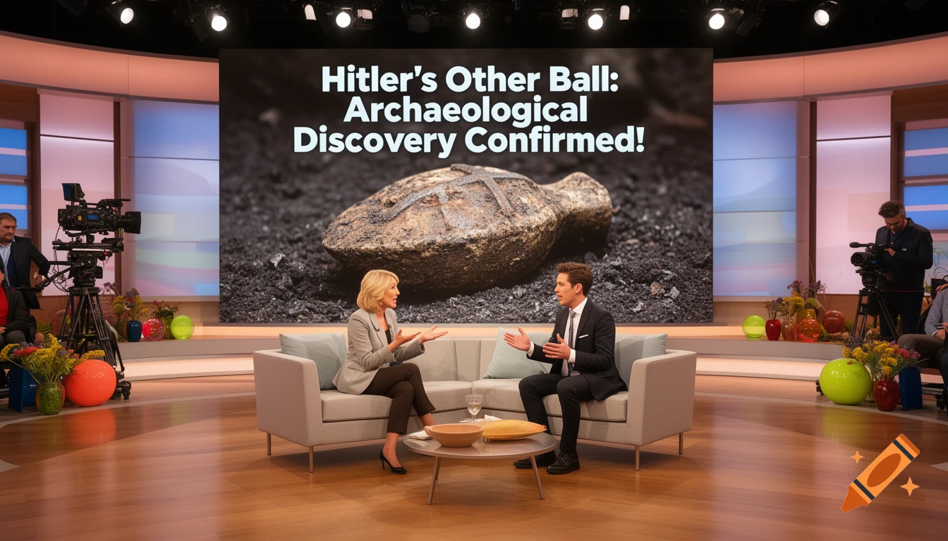 Two talk show hosts on a bright set discuss 'Hitler's Other Ball' as a news headline on a large screen behind them.