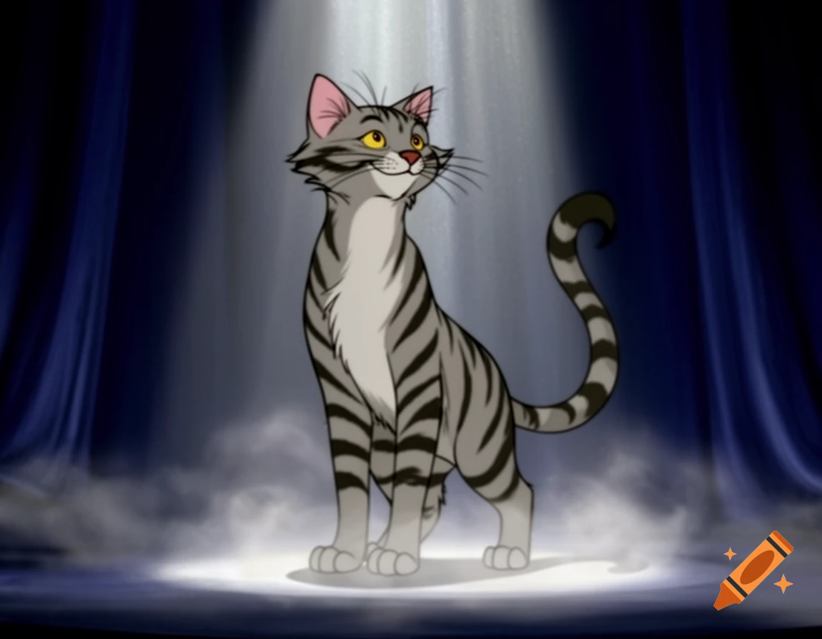 A grey tabby cartoon cat, Munkustrap, stands on a stage under a bright spotlight with blue curtains and fog.